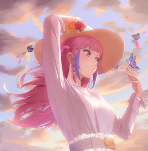 Anime girl with pink hair and hat with butterflies