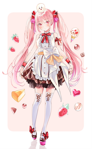 Anime girl with pink hair and maid outfit surrounded by sweets