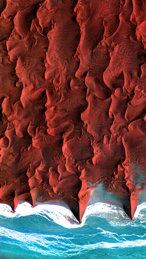 Aerial view of sand dunes meeting the ocean