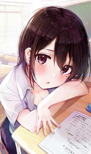 Anime girl in school uniform blushing in classroom