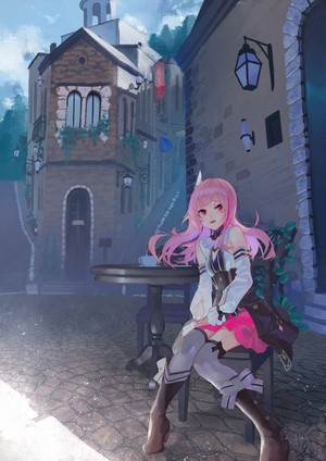 Anime girl with pink hair and eyes sitting at a cafe table