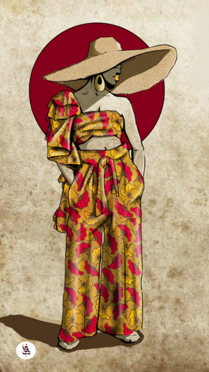 Illustration of a woman in a wide-brimmed hat and floral outfit