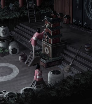 Two shrine maidens painting a miniature shrine