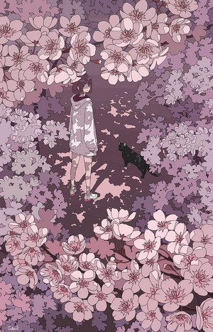Anime girl and black cat among cherry blossoms