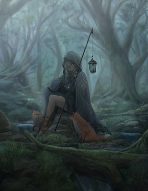Anime girl with hood and lantern in a foggy forest with foxes