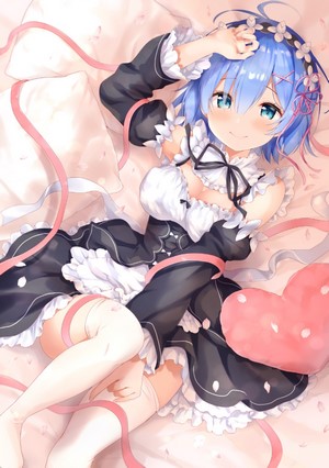Rem from Re:Zero in a maid outfit lying on a bed