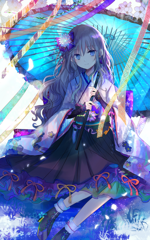 Anime girl in kimono holding a blue umbrella