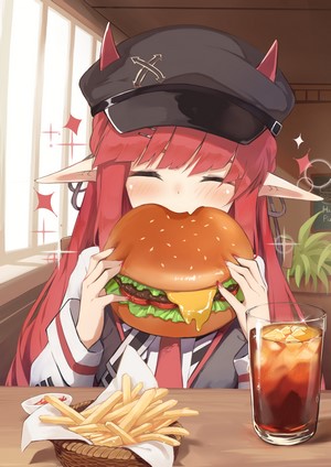 Vigna from Arknights eating a burger