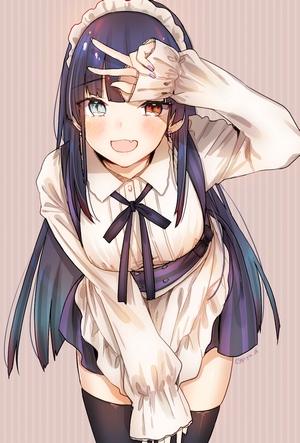 Maid girl with heterochromia making peace sign