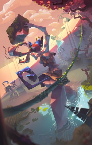 Fantasy art of a giant woman balancing on a rope