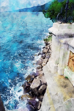 Watercolor painting of a rocky coast with blue sea and distant mountains