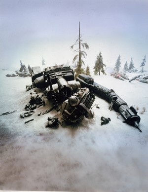 Destroyed Robot Jox wreckage in snow