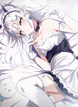 Anime girl with white hair and blue eyes in maid outfit
