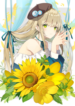 Anime girl with blonde hair and green eyes wearing a beret