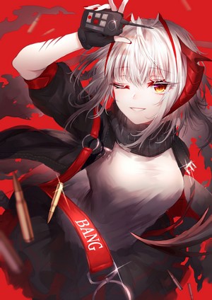 W from Arknights with Silver Hair and Orange Eyes