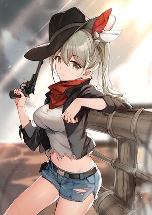 Cowgirl with revolver and torn clothes