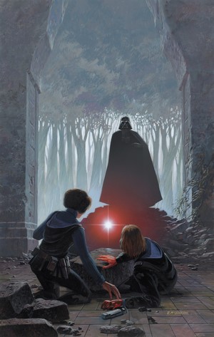 Luke Skywalker and Leia Organa encounter Darth Vader in ruins