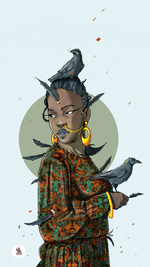 Illustration of a woman with birds and feathers