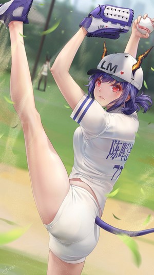 Chen from Arknights pitching a baseball