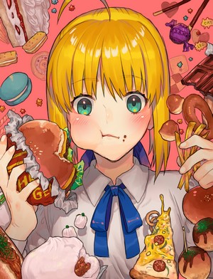 Arturia Pendragon from Fate/Stay Night eating junk food
