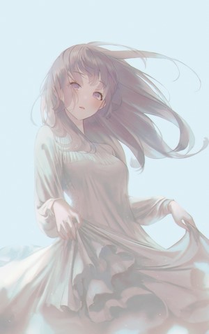 Anime girl in a white dress with windblown hair