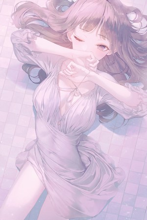 Anime girl in a white dress lying down