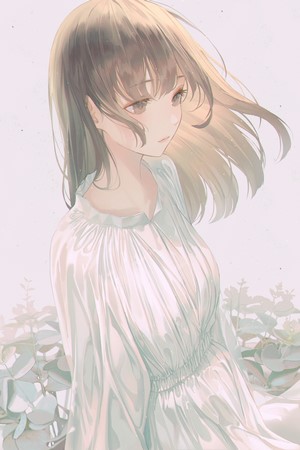 Anime girl with brown hair and white dress