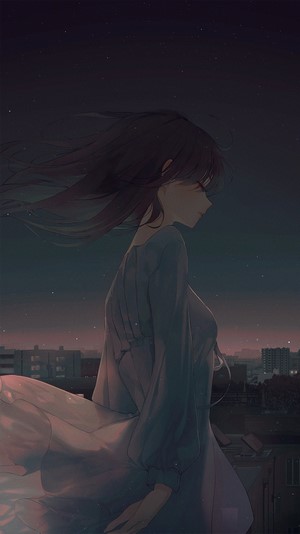 Anime girl with dark hair on a rooftop at dusk