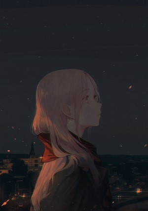 Anime girl with long hair looking at the night sky