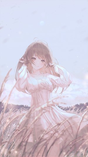 Anime girl with brown hair in a white dress in a field