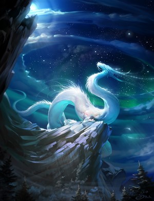 White dragon on a mountain under the aurora borealis