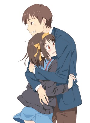 Kyon hugging Haruhi Suzumiya from The Melancholy of Haruhi Suzumiya