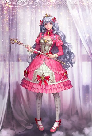 Woman in pink Lolita dress holding a staff