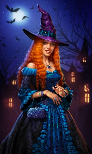 Witch with red hair and a blue dress