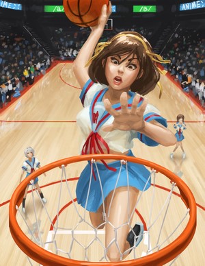 Haruhi Suzumiya and friends playing basketball