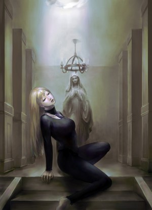 Alicia from Claymore in a hallway with a statue