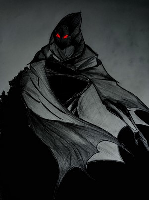 Dark fantasy figure with red eyes and cloak