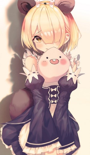 Anime girl with animal ears holding a plush toy