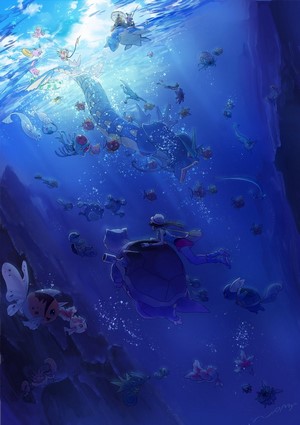 Pokémon underwater scene with trainers and various Pokémon