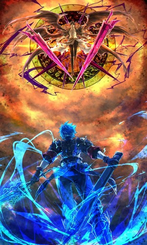 Gran from Granblue Fantasy facing a winged entity