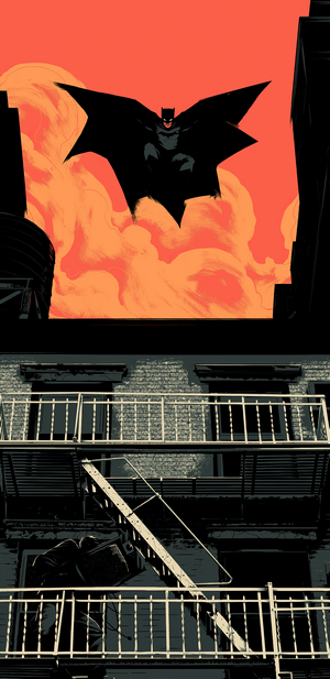 Batman flying over a city