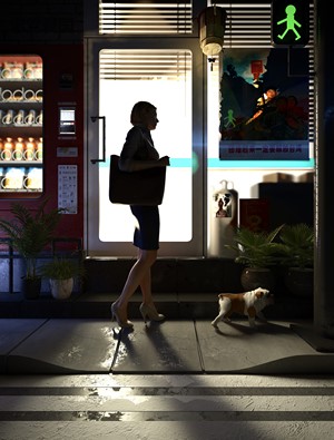 Woman and dog on a wet street at night