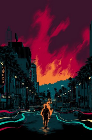Man on fire walking down Hollywood street with fire in the sky