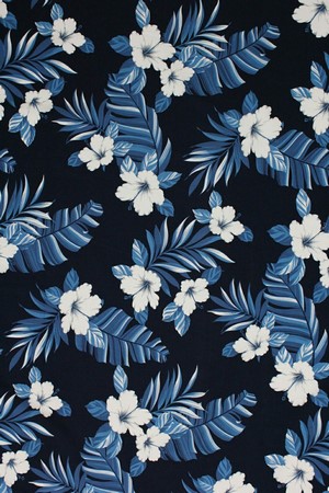 Blue and white hibiscus flowers and palm leaves pattern