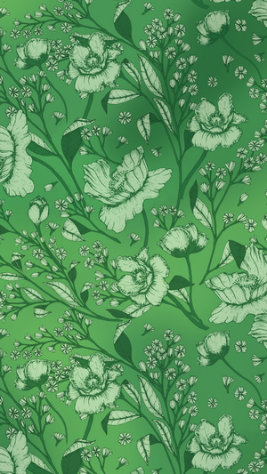 Green floral pattern with sketched flowers and leaves