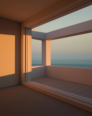 Minimalist balcony with ocean view at sunset