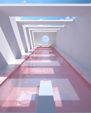 Pink swimming pool with architectural design and circular window
