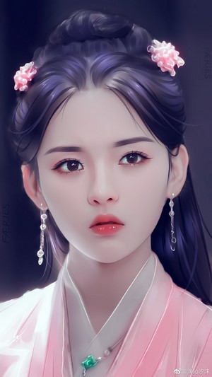 Artwork of an Asian woman with dark hair and pink flowers
