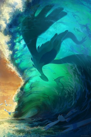 Lugia from Pokémon in a giant wave