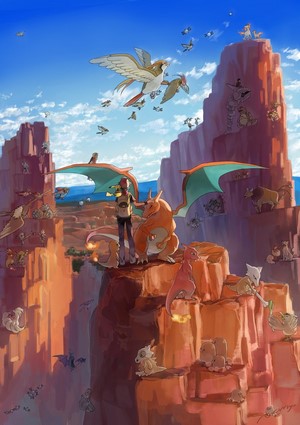 Pokémon trainer with Charizard and other Pokémon in a canyon